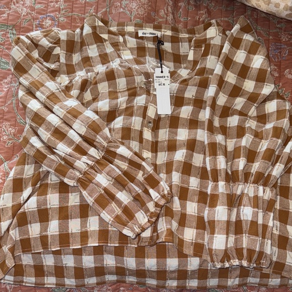 day & moon Tops - Brown and White Plaid Blouse